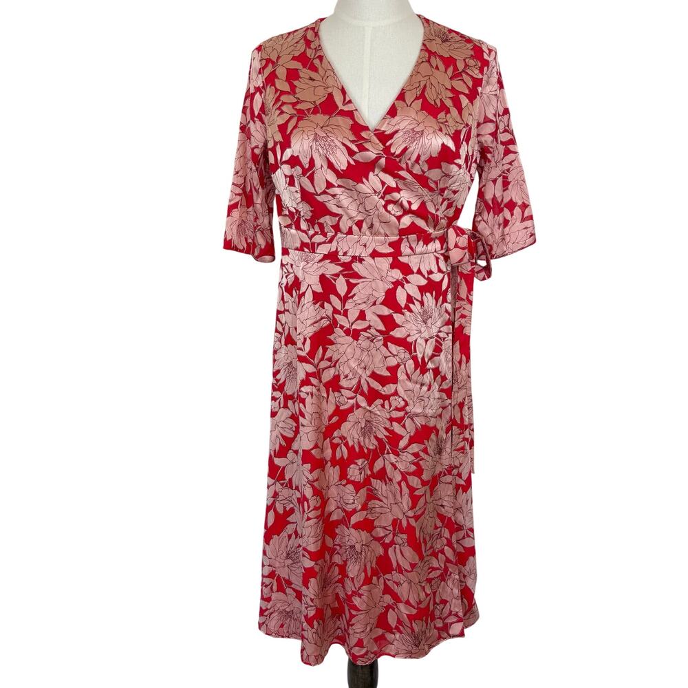 Hobbs Justina Faux-Wrap Floral Print Dress in Red Burnout Peony jacquard US 10